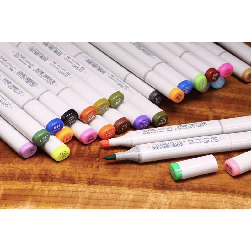 Copic Sketch Marker|Black (110)|Chartreuse (FYG2)|Fl Yellow FYG1)|Cool Gray (C6)|Pale Sepia (YR24)|Spanish Olive (YG97)|Light Camel (E55)|Fl Pink (FRV1)|Lipstick Red (R29)