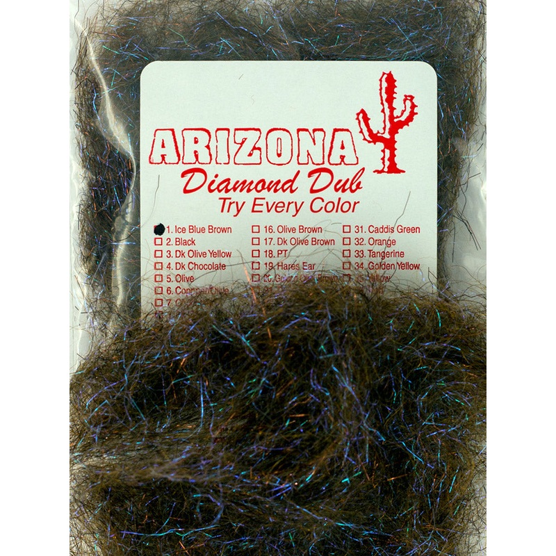 Arizona Diamond Dub|1.- Ice Blue Brown|2.- Black|5.- Olive|6.- Copper/Olive|9.- Black/Red|10.- Blood Leech|14.- Black/Blue|15.- Firecracker|19.- Hare’s Ear|21.- Dark Hare’s Ear|24.- October Caddis|30.- Chartreuse|31.- Caddis Green|32.- Orange|33.- Tangeri
