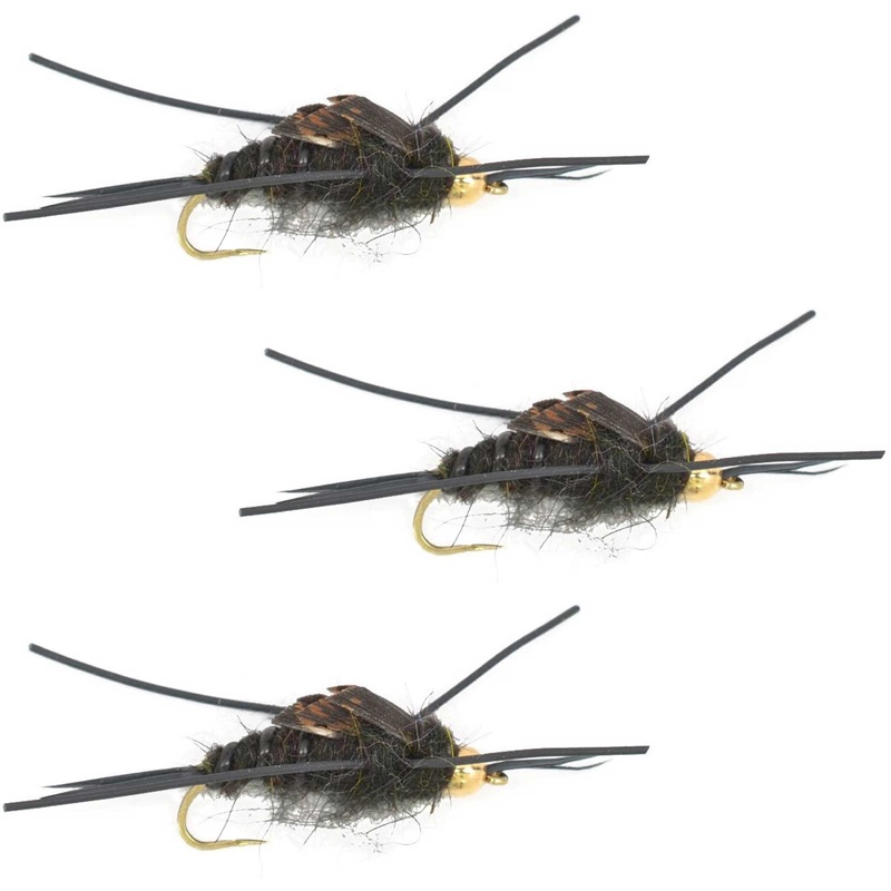 3 Pack Barbless Gold Bead Kaufmann’s Black Stonefly with Rubber Legs – Stonefly Nymph – Hook Size 10