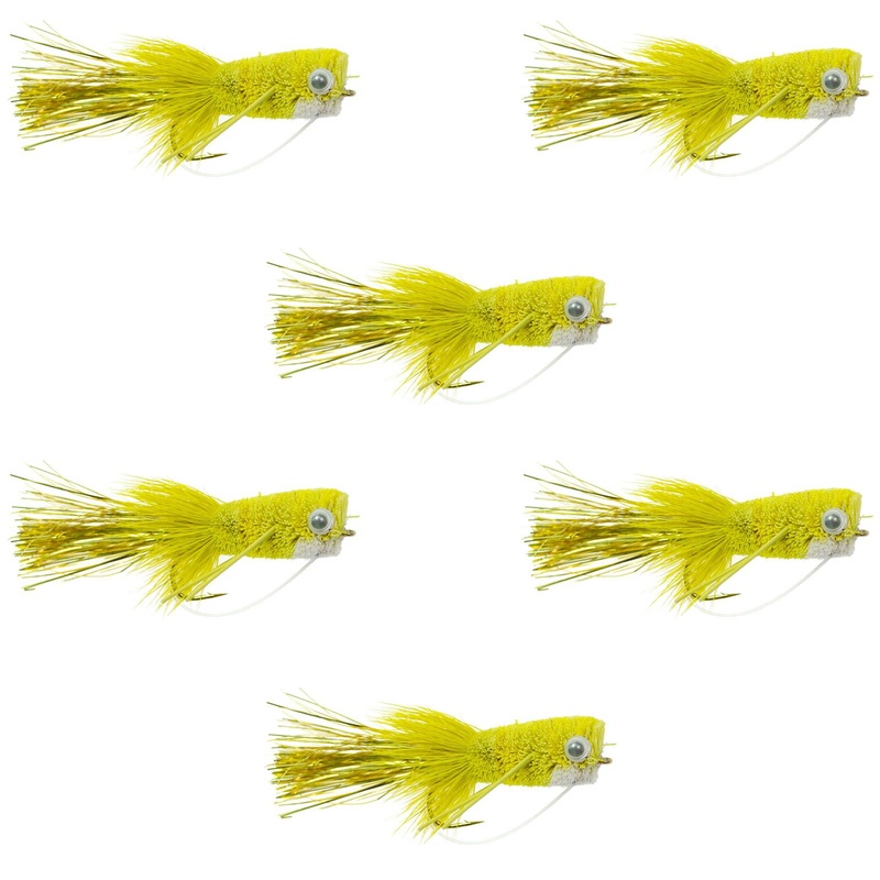 Flashtail Bass Popper 6 Flies Size 8 – Yellow Bass Fly Fishing Bug Wide Gape Bass Hooks With Weed Guard