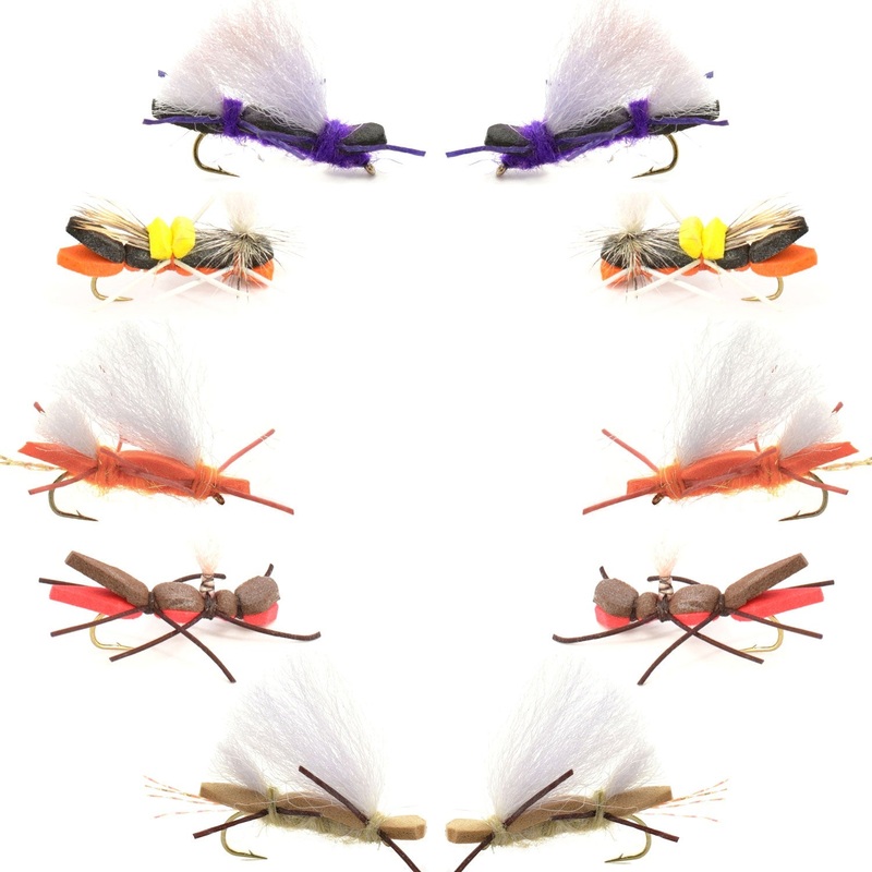 Basics Collection – Chernobyl Ant Foam Dry Fly Assortment – 10 Dry Fishing Grasshopper Flies – 5 Patterns – Hook Size 10