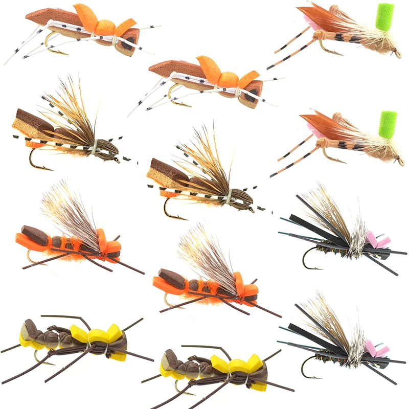 Foam Hopper Fly Fishing Flies Assortment – 12 Flies – 2 Each of 6 Grasshopper Dropper Hopper with Fly Box