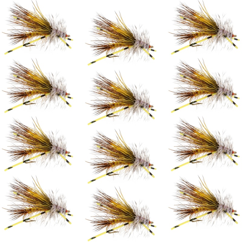 Kaufmann’s Yellow Crystal Stimulator Rubber Legs Dry Fly – 1 Dozen Flies Hook Size 10