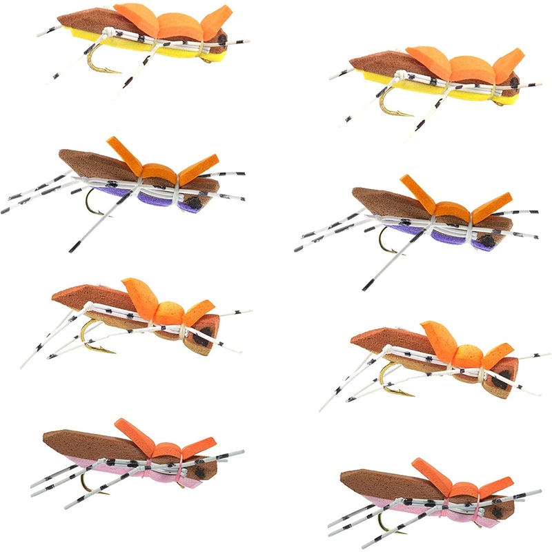Morrish Hopper Foam Body Grasshopper Assortment Dry Fly – 8 Flies – 4 Colors – Hook Size 10 – Hopper Dropper