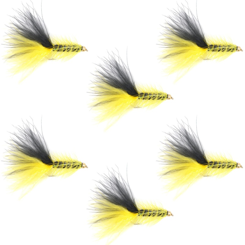 Yellow Black Bead Head Crystal Woolly Bugger Classic Streamer Flies – Set of 6 Trout Fly Fishing Flies – Hook Size 4
