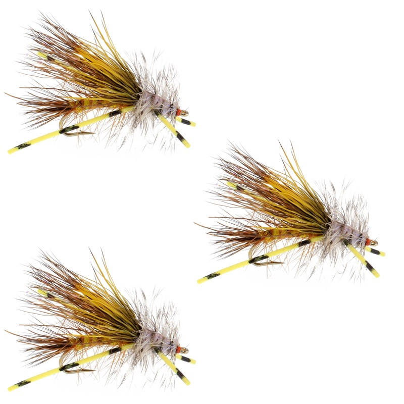 3 Pack Kaufmann’s Yellow Crystal Stimulator Rubber Legs Dry Fly – Hook Size 14