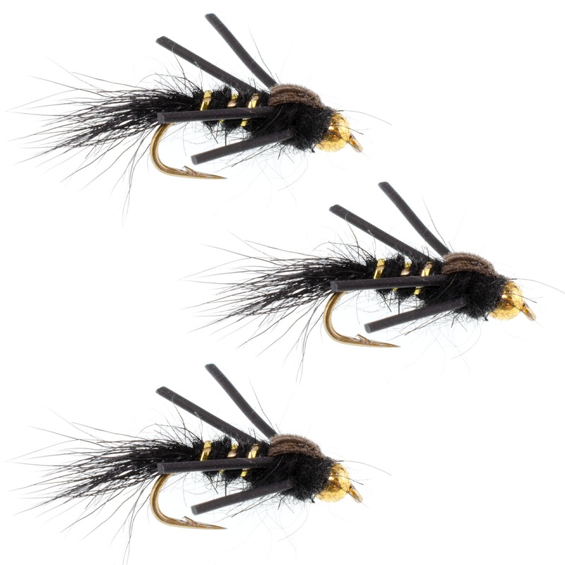 3 Pack Tungsten Bead Head Rubber Legs Black Gold-Ribbed Hare’s Ear Trout Fly Nymph – Hook Size 16