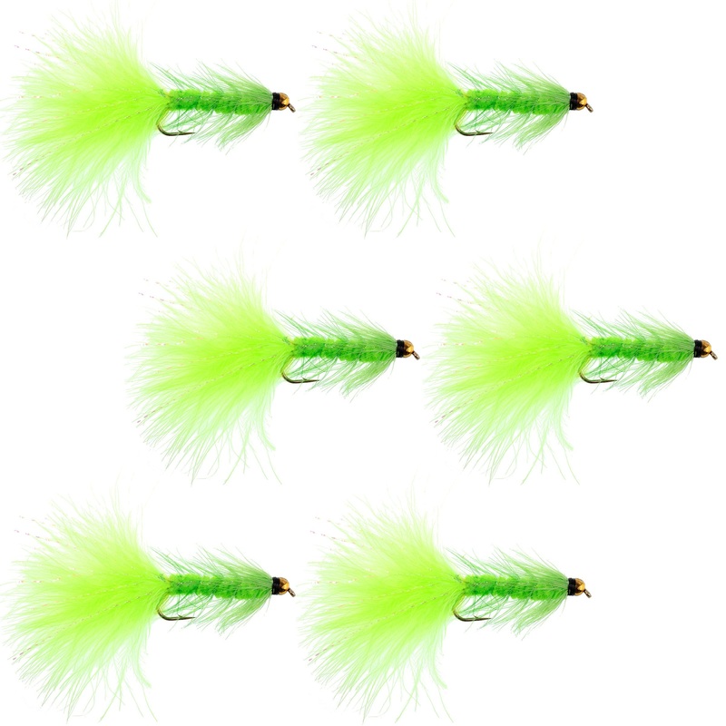 Chartreuse Bead Head Crystal Woolly Bugger Classic Streamer Flies – Set of 6 Trout Fly Fishing Flies – Hook Size 8