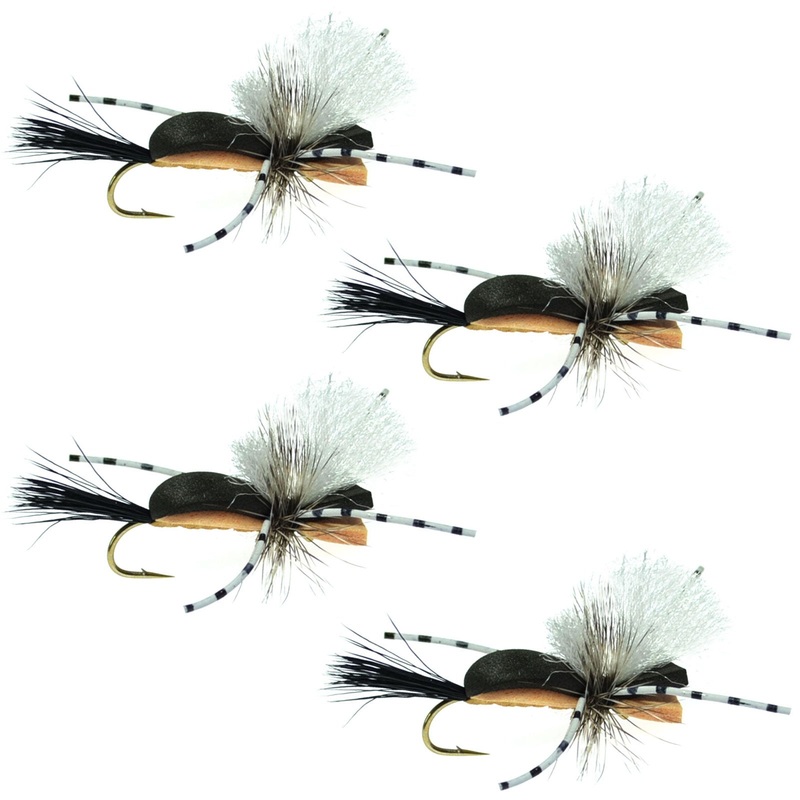 Hippie Stomper Black Tan Foam Body Grasshopper Dry Fly – 4 Flies Size 14