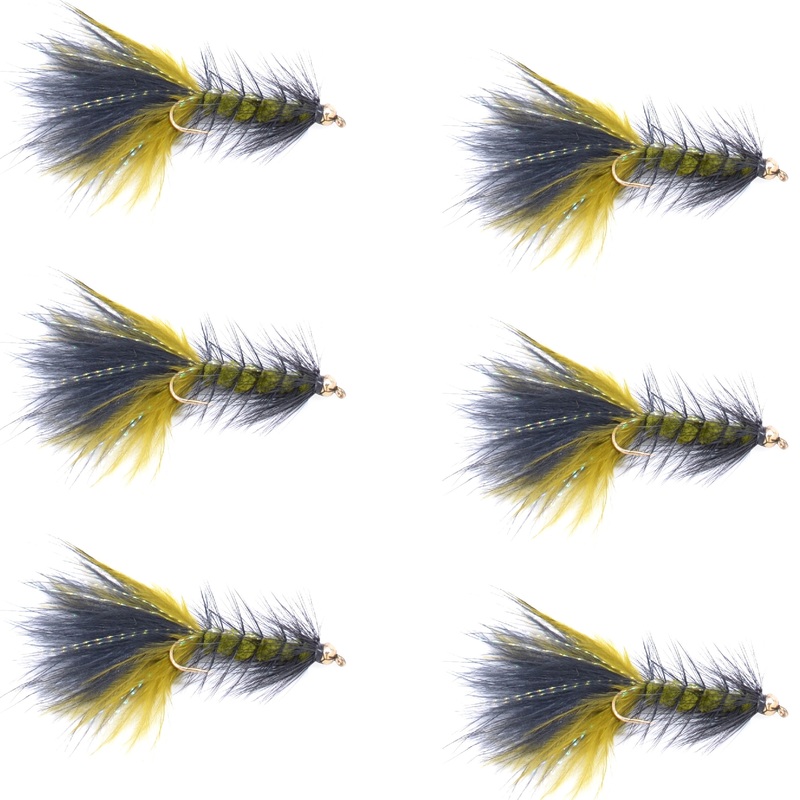 Olive Black Bead Head Crystal Woolly Bugger Classic Streamer Flies – Set of 6 Trout Fly Fishing Flies – Hook Size 8