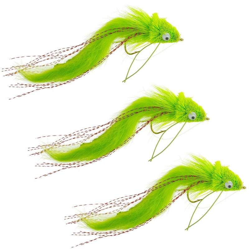 3 Pack Chartreuse Rabbit Strip Deer Hair Diver Size 4 – Bass Fly Fishing Bug Wide Gape Bass Hooks With Weed Guard