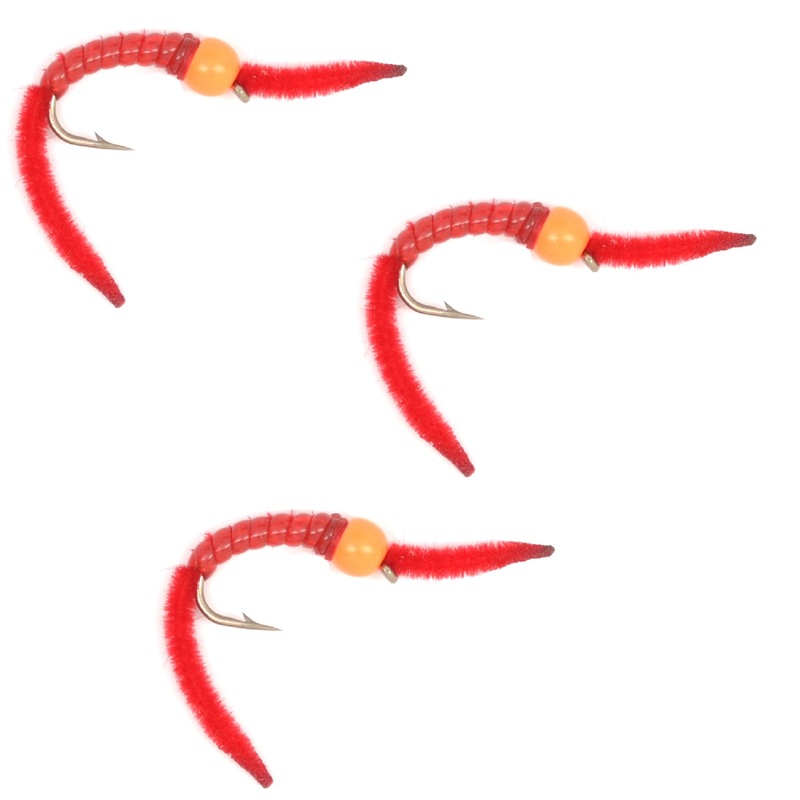 3 Pack San Juan Power Worm Hot Head Orange Bead Red V-Rib – Hook Size 14