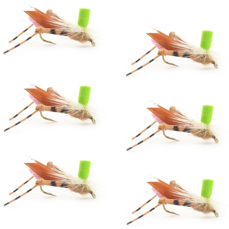 Green Top Hopper Foam Body Grasshopper Fly – 6 Flies Hook Size 10