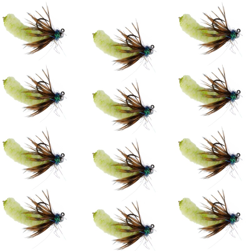Tungsten Bead Chartreuse Mop Fly Tactical Jig Czech Euro Nymph Barbless Fly – 1 Dozen Flies Size 14