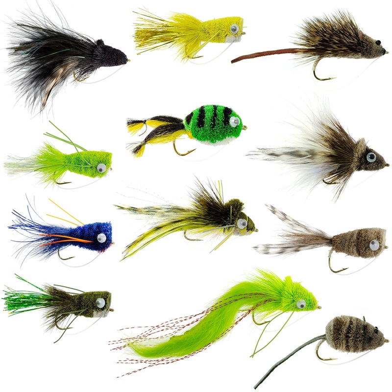 Bass Bug Collection -12 Bass Fly Fishing Flies – Surface Poppers Frog, Rat, Mouse Divers – Hook Sizes 2,4, 6 And 8