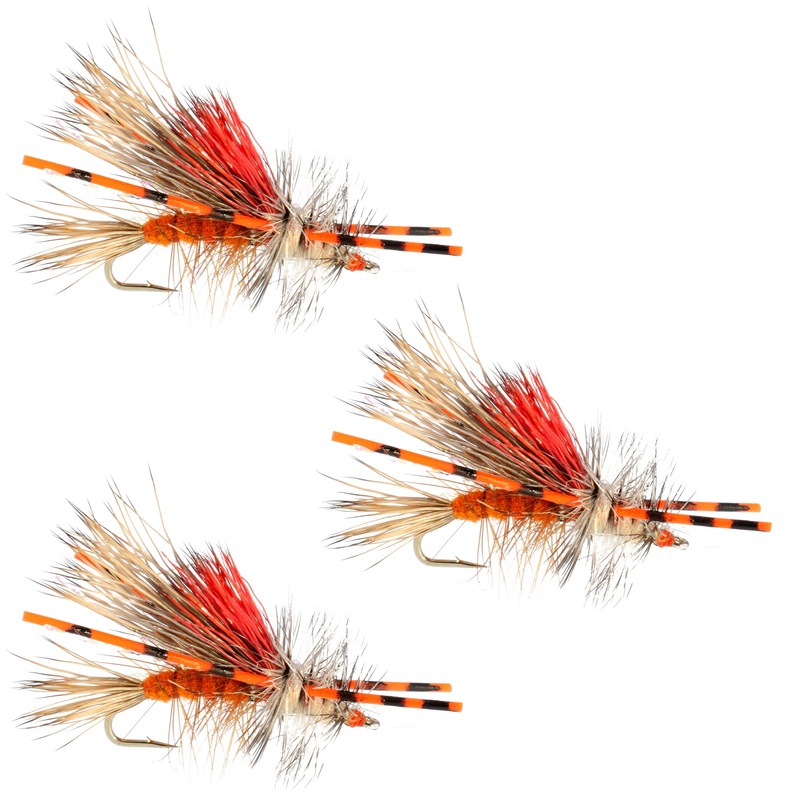 3 Pack Kaufmann’s Orange Crystal Stimulator Rubber Legs Dry Fly – Hook Size 8