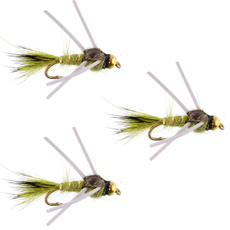 3 Pack Tungsten Bead Head Rubber Legs Olive Gold-Ribbed Hare’s Ear Trout Fly Nymph – Hook Size 16