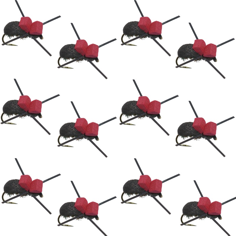 Red Top Black Foam Beetle Terrestrial Trout Dry Fly Fishing Flies – 1 Dozen Flies Size 14