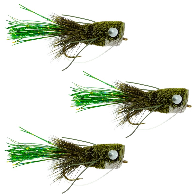 3 Pack Flashtail Bass Popper Size 8 – Olive Bass Fly Fishing Bug Wide Gape Bass Hooks With Weed Guard