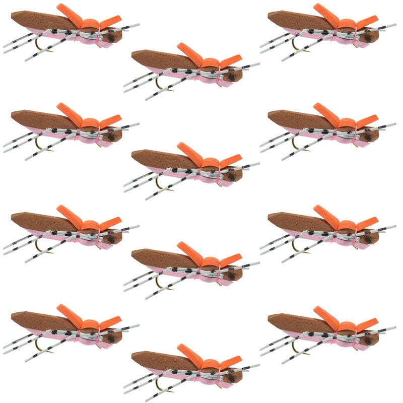 Moorish Hopper Brown Pink Foam Body Grasshopper Fly – 1 Dozen Flies Hook Size 10
