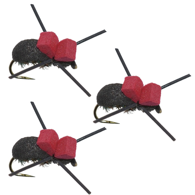 3 Pack Barbless Red Top Black Foam Beetle Terrestrial Trout Dry Fly Fishing Flies – Hook Size 14