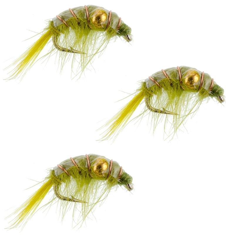 3 Pack Olive Beaded Shrimp Scud Pattern – Size 12 – Tailwater Lake Fly Fishing Nymph Flies