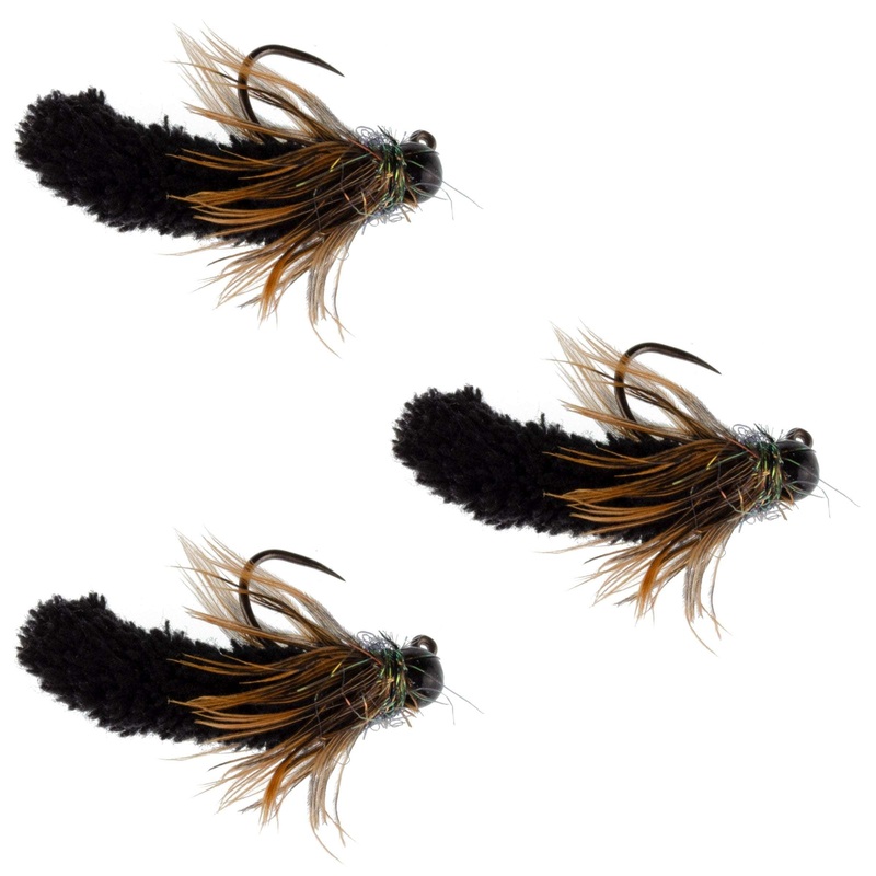 3 Pack Tungsten Bead Black Mop Fly Tactical Jig Czech Euro Nymph Barbless Fly – 3 Flies Size 14