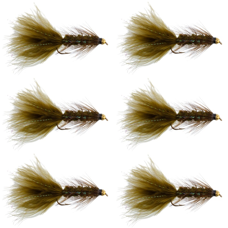 Dark Olive Bead Head Crystal Woolly Bugger Classic Streamer Flies – Set of 6 Trout Fly Fishing Flies – Hook Size 8