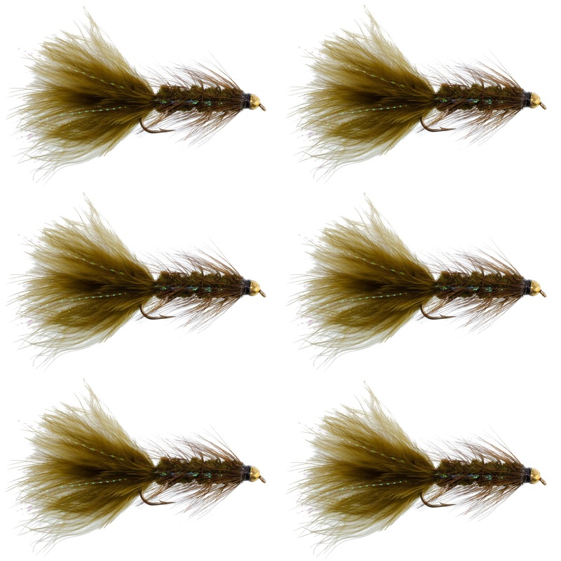 Dark Olive Bead Head Crystal Woolly Bugger Classic Streamer Flies – Set of 6 Trout Fly Fishing Flies – Hook Size 4