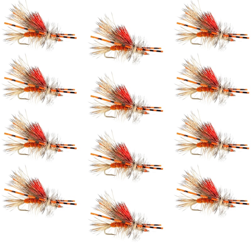 Kaufmann’s Orange Crystal Stimulator Rubber Legs Dry Fly – 1 Dozen Flies Hook Size 8