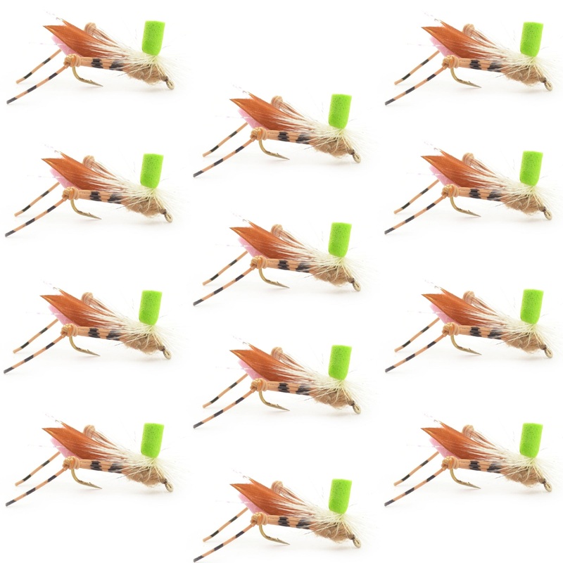 Green Top Hopper Foam Body Grasshopper Fly – 1 Dozen Flies Hook Size 10