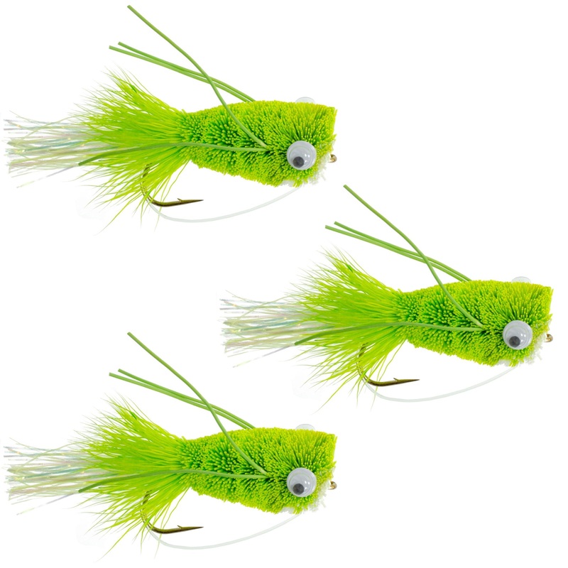 3 Pack Flashtail Bass Popper Size 6 – Chartreuse Bass Fly Fishing Bug Wide Gape Bass Hooks With Weed Guard