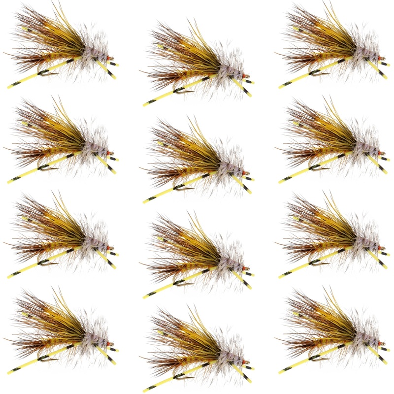 Kaufmann’s Yellow Crystal Stimulator Rubber Legs Dry Fly – 1 Dozen Flies Hook Size 14
