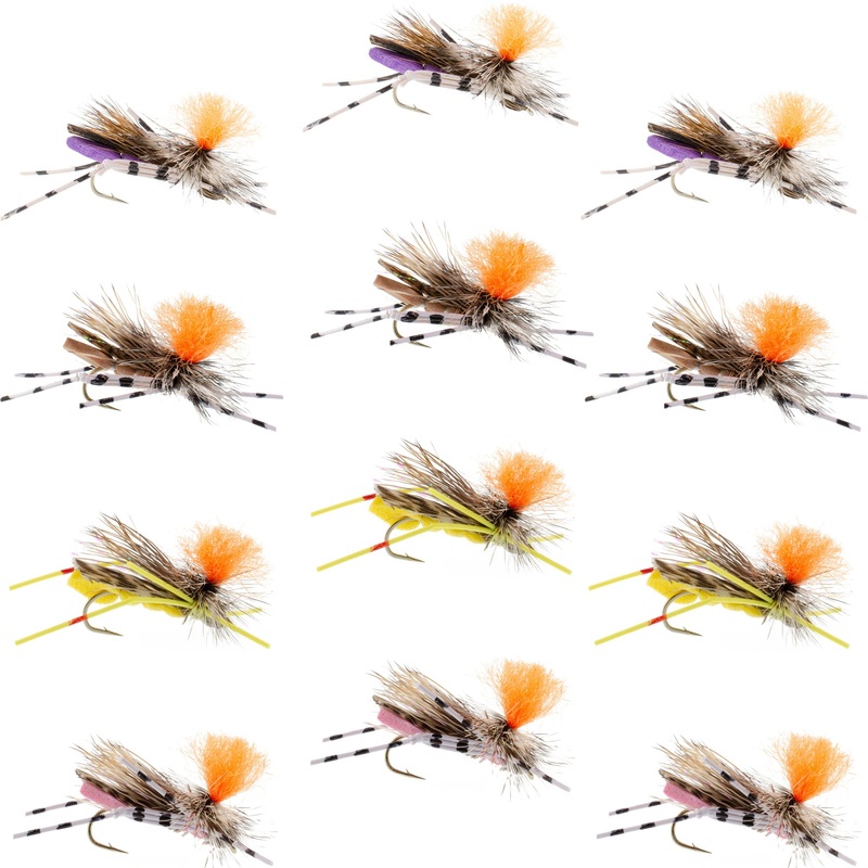 Trout Fly Assortment – High Visibility Feth Grasshopper Dry Fly Collection 1 Dozen Flies – Foam Body Hopper Flies – Size 10