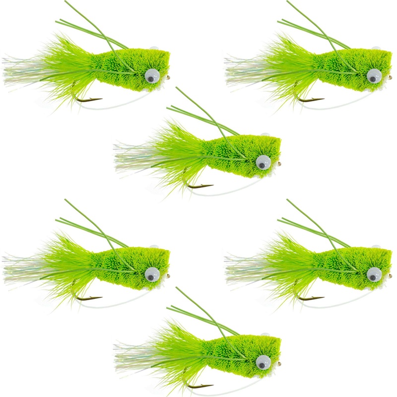 Flashtail Bass Popper 6 Flies Hook Size 6 – Chartreuse Bass Fly Fishing Bug Wide Gape Bass Hooks With Weed Guard