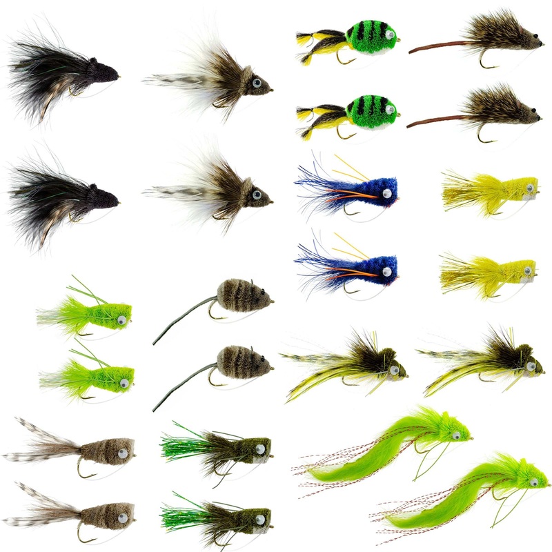 Bass Bug Collection – 24 Bass Fly Fishing Flies – Surface Poppers Frog, Rat, Mouse And Divers – Hook Sizes 2,4, 6, 8