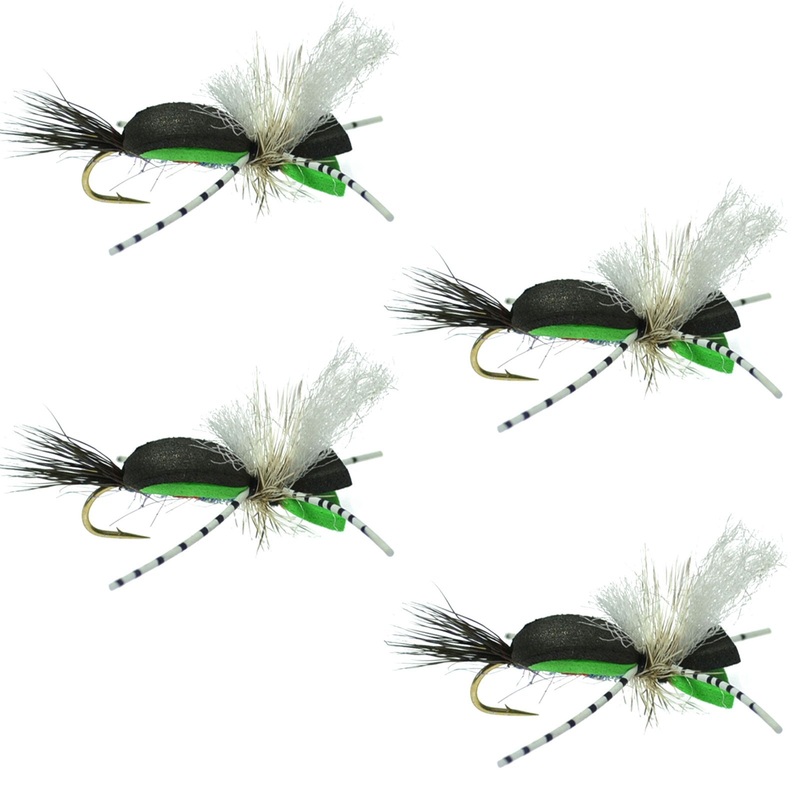 Hippie Stomper Black Green Foam Body Grasshopper Dry Fly – 4 Flies  Size 10