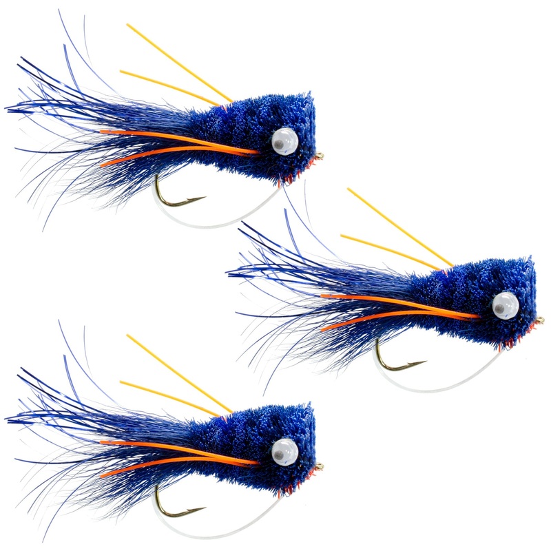 3 Pack Flashtail Bass Popper Size 6 – Blue Orange Bass Fly Fishing Bug Wide Gape Bass Hooks With Weed Guard