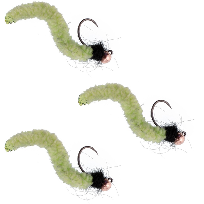 3 Pack Tungsten Bead Chartreuse Wormy Mop Fly Tactical Jig Czech Euro Nymph Barbless Fly –  Size 14