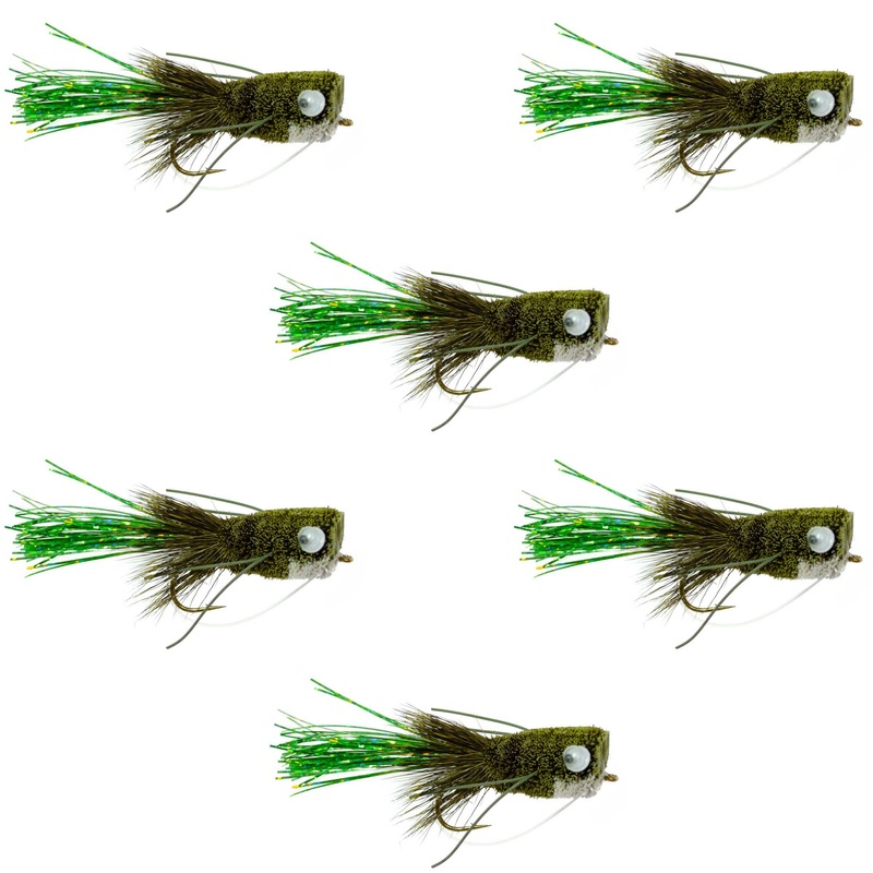 Flashtail Bass Popper 6 Flies Size 8 – Olive Bass Fly Fishing Bug Wide Gape Bass Hooks With Weed Guard