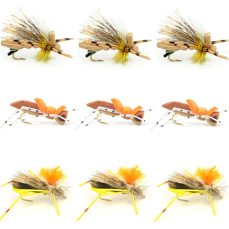 Grasshopper Trout Flies Fishing Flies Assortment Dropper Hopper Foam Body – 9 Flies 3 Patterns Hook Size 10
