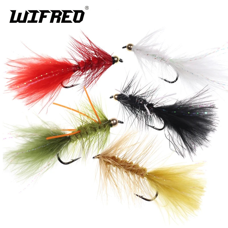 Wifreo 5pcs Crystal Bead Head Woolly Bugger Streamer Fly Olive Brown White Black Red Size 4 6 8