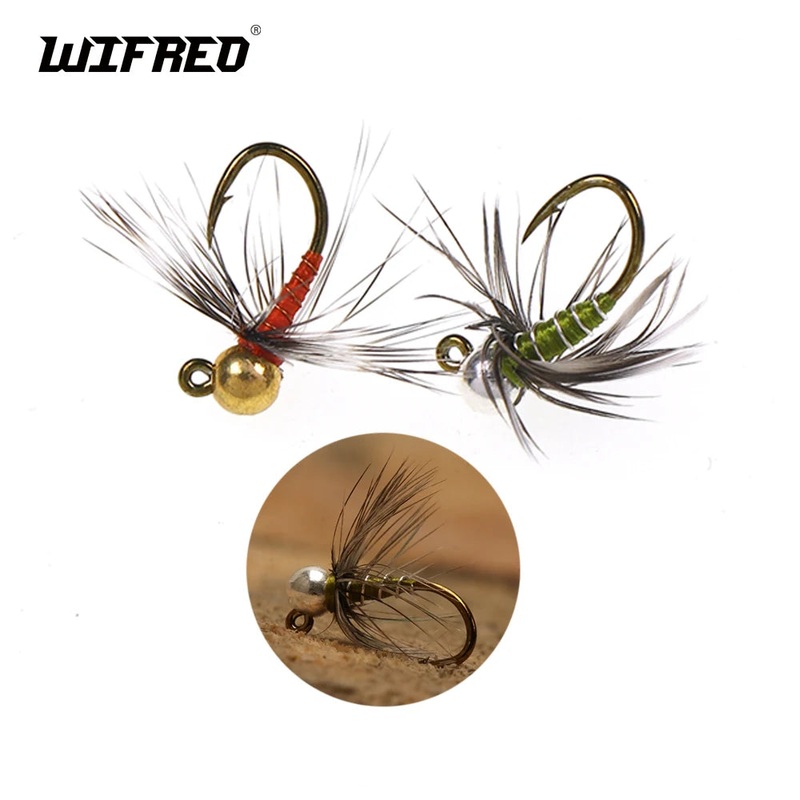 WIFREO 6pcs Tungsten Bead Head Jig Nymph Fly Grizzly Hackle Olive Euro Nymph Fast Sinking Barbed Wet Fly Trout Fishing Lures
