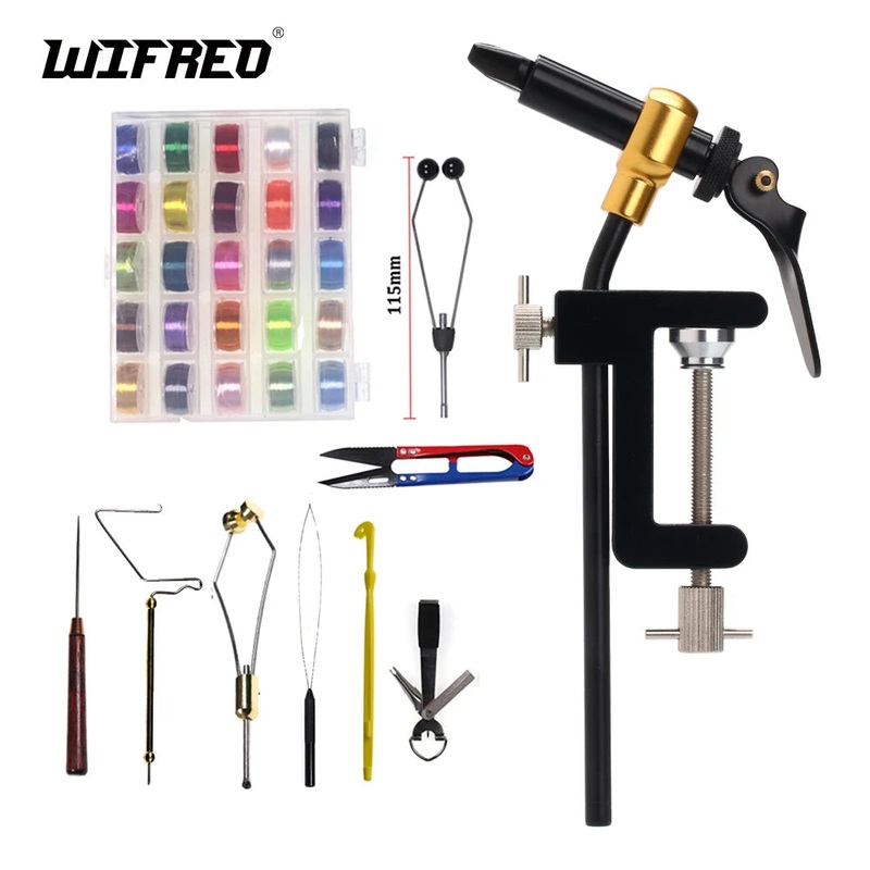 Wifreo Rotary Fly Tying Vise Tools Brass C-clamp Rotating Hook Tool Steel Whip finisher Bobbin Thread Holder Basic Fly Hook Tool