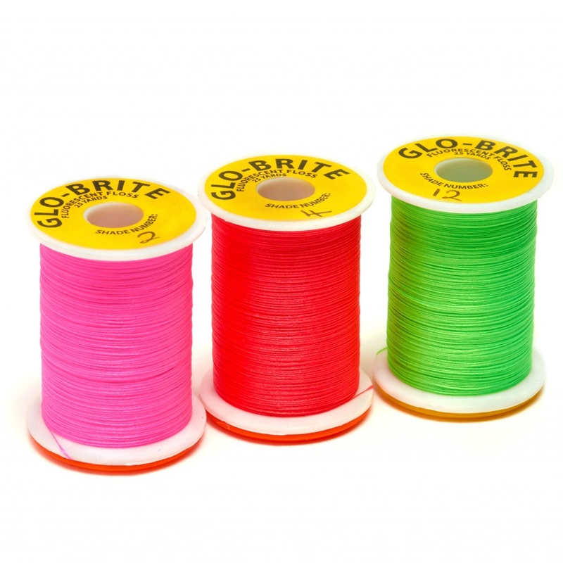 Glo-Brite Fluorescent Floss|Fluo Red |3|Fluo Hot Yellow |9|Fluo Yellow |10|Fluo Chartreuse |12|Fluo Blue |14|Fluo White |16