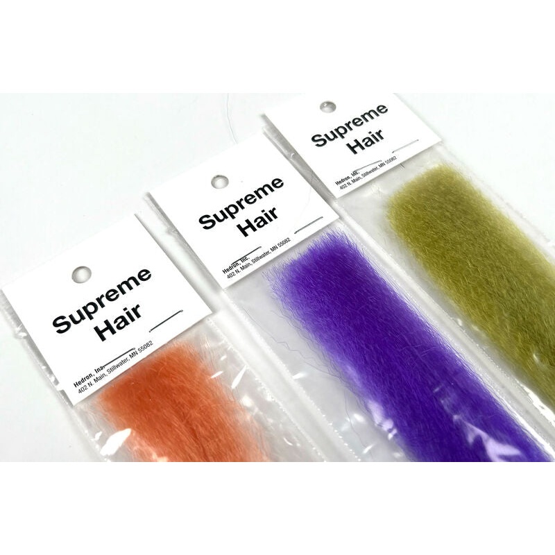 SUPREME SUPER FLY TYING HAIR|BLACK|BROWN|WHITE|YELLOW|ORANGE|RED|OLIVE|PINK|PURPLE|LAVENDER|GREEN|LIGHT GREEN|BLUE|LIGHT BLUE|CHARTREUSE|SMOKE|SHRIMP|FUCHSIA|GREEN CHARTREUSE|PEACH|TAN|POLAR BEAR|PEACOCK|GOLD