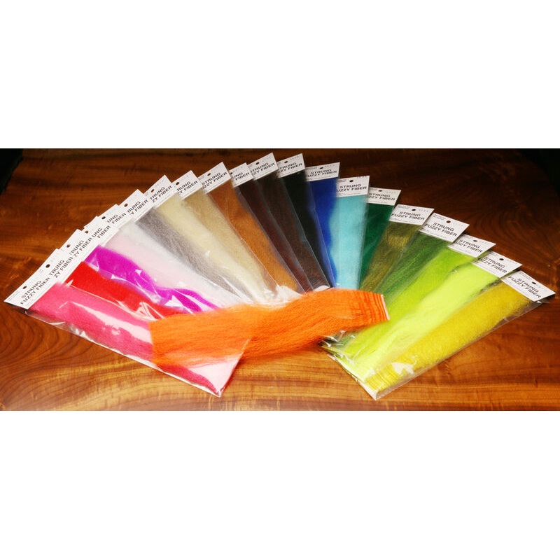 STRUNG FUZZY FIBER|BLACK|BROWN|CHARTEUSE|CREAM|DEEP PURPLE|FOREST GREEN|GOLDEN BROWN|GRAY|GREEN OLIVE|HOT PINK|LIGHT BLUE|NEON BLUE|NEON YELLOW|OLIVE|ORANGE|RED|RUSTY BROWN|SALMON PINK|WHITE|TAN|YELLOW