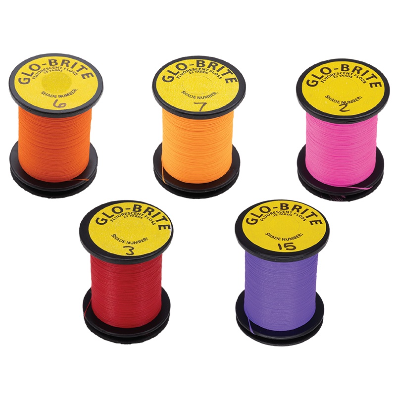 Hareline Glo-Brite Thread|Bright Orange – Shade 8|Dull Orange – Shade 6|Neon Chartreuse – Shade 11|Orange – Shade 7|Pink – Shade 2|Purple – Shade 15|Red – Shade 3|Yellow – Shade 10