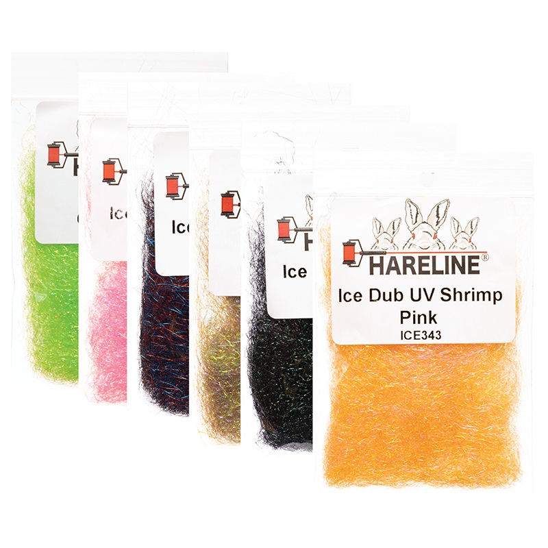 Hareline Ice Dubbing|Olive Brown|Midnight Fire|Chartreuse|Flo. Hot Pink|Flo. Shell Pink|Minnow Belly|Minnow Pearl Back|Peacock Black|Tan UV|UV Cinnamon|UV Pink|UV Shrimp Pink|Wicked Black|Golden Brown|UV Gray