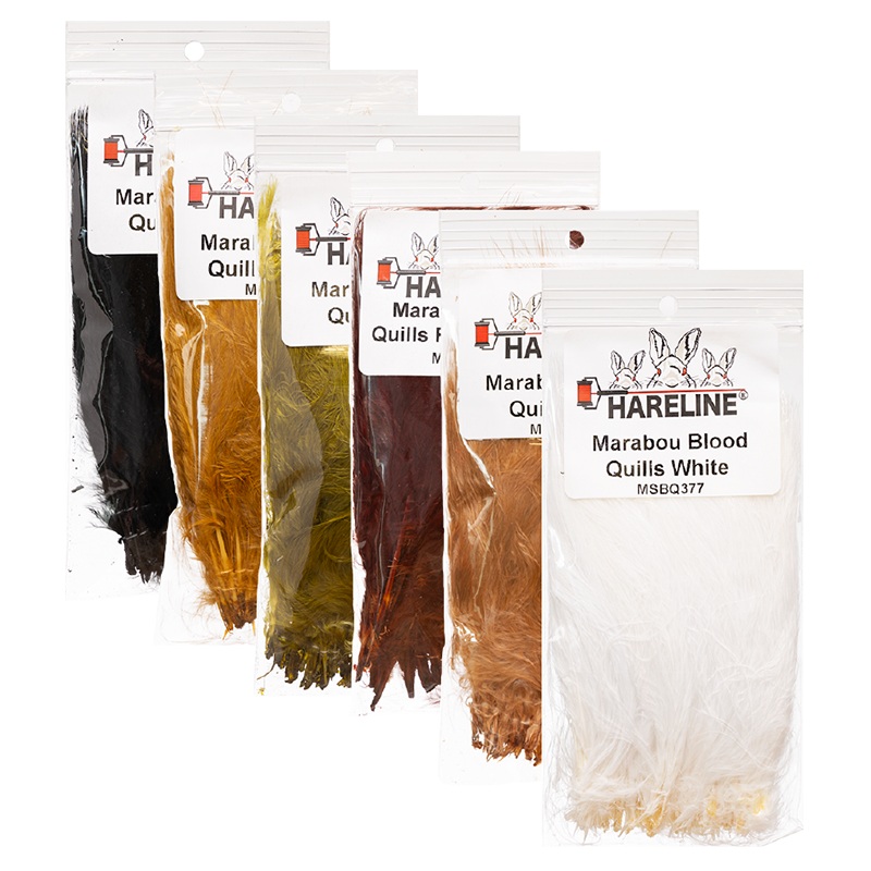 Hareline Marabou Blood Quills|Black|Ginger|Rusty Brown|Tan|Gold Olive|Olive Brown|Fl. Green|Olive|Fl. Orange|White|Purple
